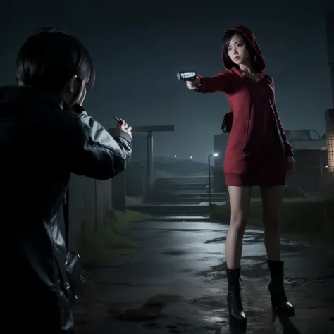 Woman, Ada wong, panic expression, glazed eyes, wearing mini red dress with hoody, black nails polish