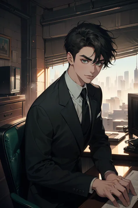 ((One man with a black suit and tie)), gotham, 1980s, alejandro, (((one-side swept black short hair))), (dark green eyes and thick eyebrows), smirk, ((20 years old)), ((masterpiece)), posture dynamic,