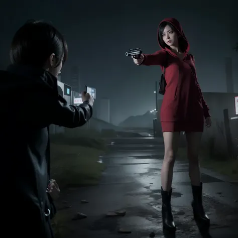 Woman, Ada wong, panic expression, glare, wearing mini red dress with hoody, black nails polish