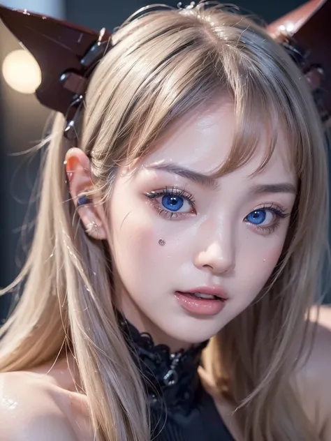 ((masutepiece:1.3, Photorealsitic:1.4, 8K, top-quality, ​masterpiece, 超A high resolution)), 1girl in, age19, Look up at the viewer, Perfect dynamic composition, Highly detailed eye and face texture:1.3, Fair skin, (Beautiful blue eyes, Erotic eyes:1,5), (F...