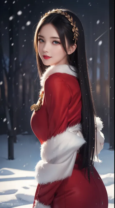 (Aesthetic, High Resolution: 1.2), beautiful 20 year old woman wearing an intricately detailed red boby Santa Claus costume, symmetrical costume structure, bright eyes, cheerful smile , hairstyle changes, snow is falling, snow in hair. Professional photogr...