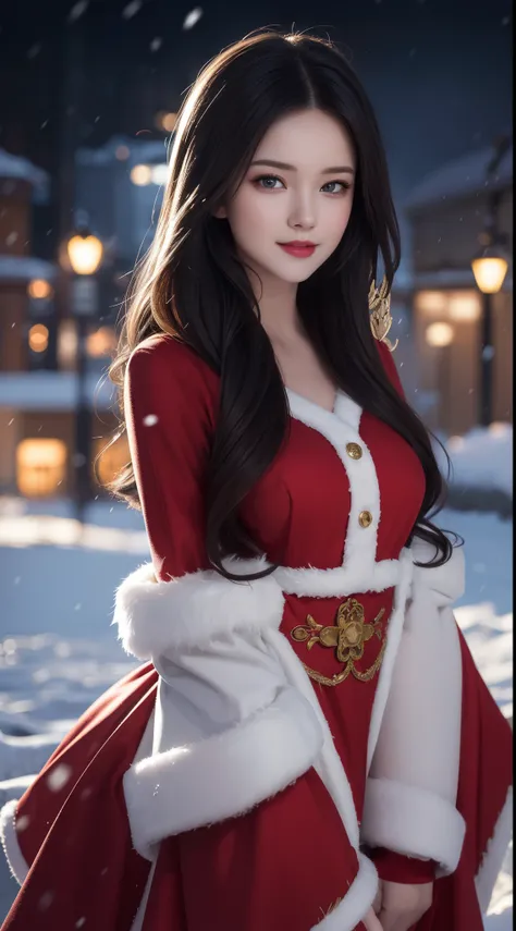 (Aesthetic, High Resolution: 1.2), full-body portrait of a beautiful 20-year-old woman wearing an intricately detailed red boby Santa Claus costume, symmetrical costume structure, clear eyes bright, happy smile, changed hairstyle, snow is falling, snow in ...