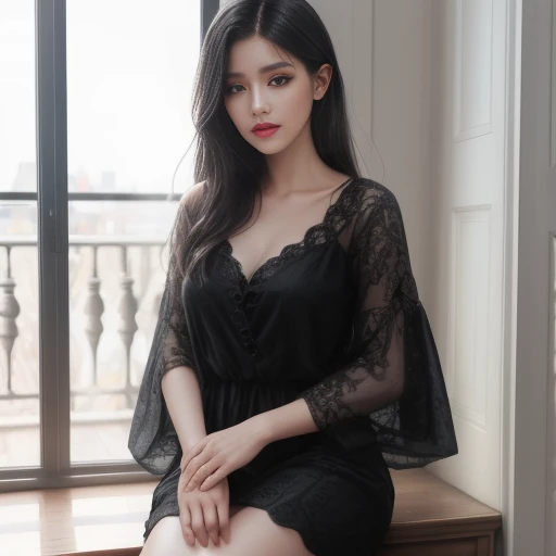 black hair, red eyes, black detailed clothes, heels.