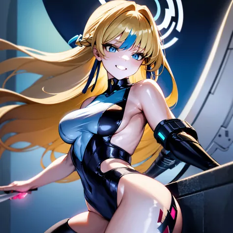 1 girl, solo, Asuma_Toki, Blue_Archive, mature woman, gorgeous girl, blonde hair with colourful tips, long hair, hair between eyes, side bangs, grin, evil grin, medium breasts, cool hairpin accessory, futuristic halo above head, red and black mecha body ar...