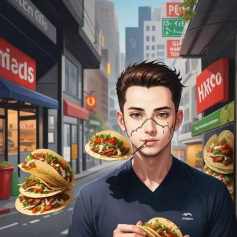 Urbanspook painting of guy with tacos on face