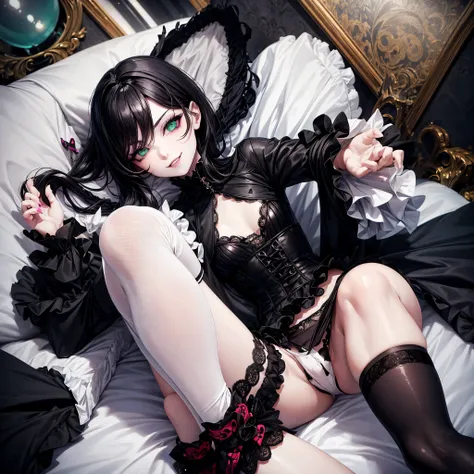 femboy, shemale, black hair, long hair, green eyes, gothic make up, durty make up, cute smile, white skin, sexy, black bedroom, gothic bedroom, sexy pose, panties, long socks