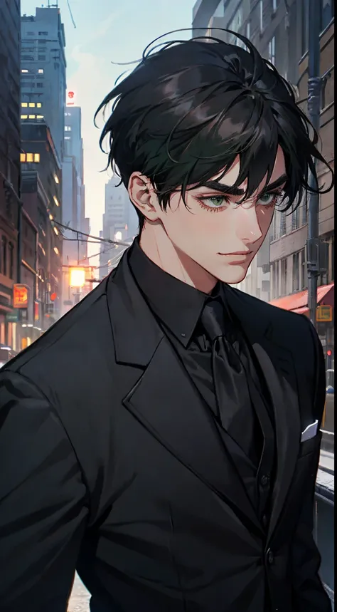 ((One man with a black suit and tie)), gotham, 1980s, alejandro, (((side swept black short hair))), (dark green eyes and thick eyebrows), smirk, ((20 years old)), ((masterpiece)), posture dynamic, walking, cinematic lighting