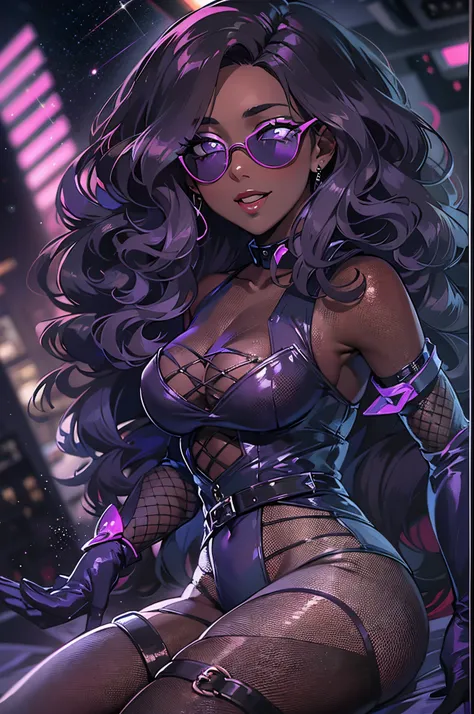 Mulher morena, pele escura, dark skin, purple eyes with shades of purple, rosy lips, cabelo roxo escuro ondulado com mechas rosas, smiling seductive expression, corpo definido e sexy, black bunny outfit with fishnet stockings and black high heels, sexy, ou...