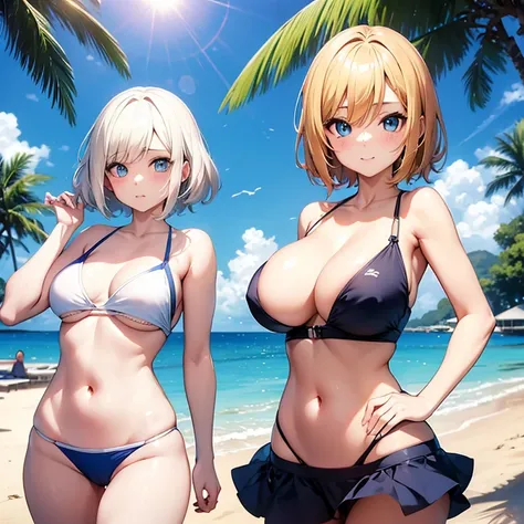 2D anime style、Blue eyes、Adults、Breasts slightly larger、a cool、Lunette de soleil、My short blonde hair is disturbed by the wind.、Beautuful Women、swim wears、full bodyesbian、beach、walking alone