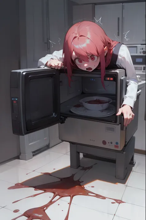 Spooky Kitchen Appliances, mimic microwave, blood, horror microwave, horror, 1girl, ((panicking:1.3, surprised:1.3, head grab)), masterpiece, best quality, 8k, perfect anatomy