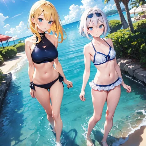 2D Anime Style、Blue eyes、Adults、Breasts slightly larger、a cool、Lunette de soleil、Short blonde hair tousled by the wind.、Beautuful Women、swim wears、full body Esbian、Beach、walking alone