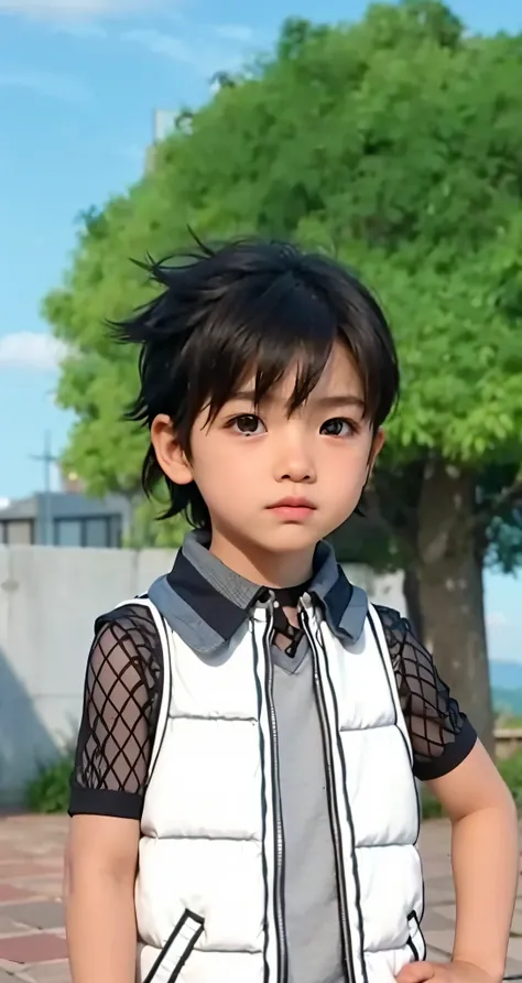 Real life adaption of this character , The handsome face of a little boy, realistic same hair , (realistic same outfit), realistic background , realistic light, realistic shadow, realism, hyper realistic,(photorealistic:1.2), normal small eyes, brown skin