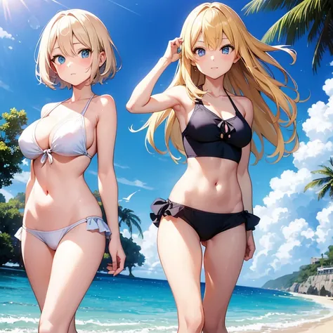 2D anime style、Blue eyes、Adults、Breasts slightly larger、a cool、Lunette de soleil、My short blonde hair is disturbed by the wind.、Beautuful Women、swim wears、full bodyesbian、beach、Walking、There is only one person in the illustration