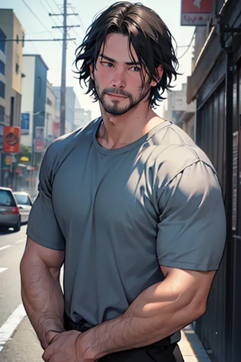 A 30-year-old man inspired by Keanu Reeves, athletic body, gray shirt, black cause