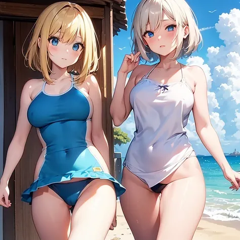 2D anime style、Blue eyes、Adults、Breasts slightly larger、a cool、short blonde hair is messy、Beautuful Women、swim wears、full bodyesbian、beach、Walking、There is only one person in the illustration