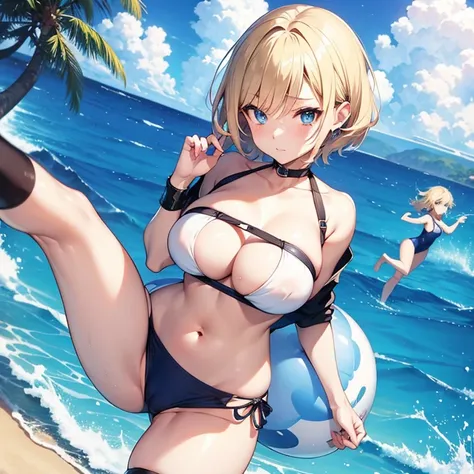 2D anime style、Blue eyes、Adults、Breasts slightly larger、a cool、short blonde hair is messy、Beautuful Women、In the middle of taking off the swimsuit、full bodyesbian、beach、Walking、There is only one person in the illustration