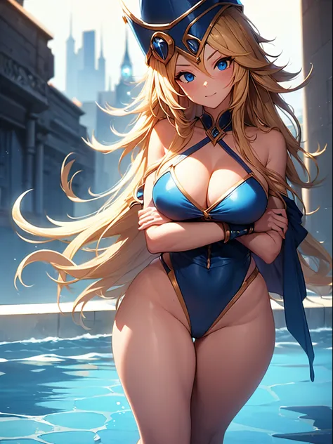 1girl, long blonde hair, blue eyes, blue headwear, wizard hat, ((black bikini, standing, crossed arms, thighs, thighs focus, smug, in a pool, wet body)), curvy figure, overlooking city, blush, day 

BREAK 

(((Masterpiece))), ((Highly detailed character)),...