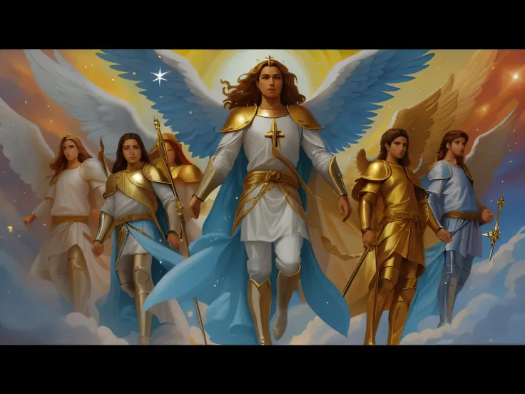 uma pintura de um grupo de anjos com asas voando acima deles, gold gates of heaven!!!!!!!!, Arcanjo Miguel, cheio de pinturas de anjos, some cosmic angels, angels protecting a praying man, Anjos, anjos biblicamente precisos, angels in the sky, saint michae...