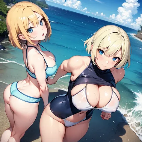 2D Anime Style、Blue eyes、Adults、Breasts slightly larger、a cool、short blonde hair is dirty、Beautuful Women、On the way to take off your swimsuit、full body Esbian、Beach、Walking、There is only one person in the illustration