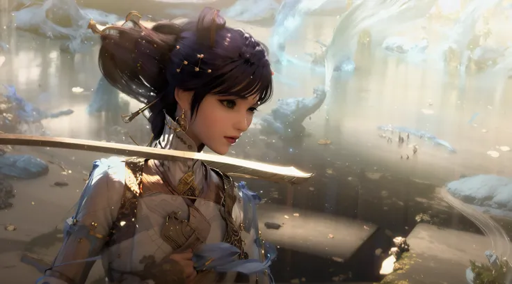 um close up de uma pessoa segurando uma espada em um campo, badass anime 8 k, she is holding a katana sword, Arte no estilo de Guweiz, Personagem de videogame Katana Zero, 2. 5 d cgi anime fantasia arte, Jogo CG, estilo anime 4K, female samurai, Ruan Jia e...