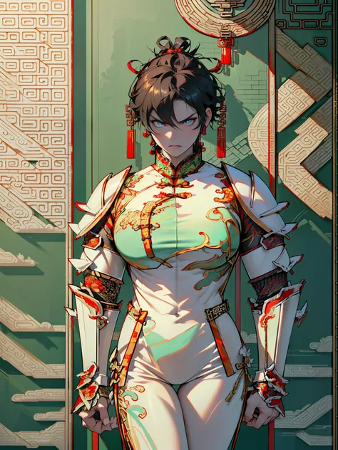 (High resolution, Pixels are perfect, luxurious illustration), (hyper quality, masutepiece, Ethereal: 1.4), (Solo:1.4), (((Very short hair))), ((spiked hair)), ((angry)), pale skin, (((((((muscular))))))), ((thick thighs)), ((Huge breasts)), (((wide hips))...