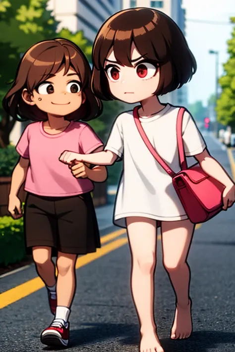 a brown haired man with red eyes is walking with a pink haired woman with violet eyes