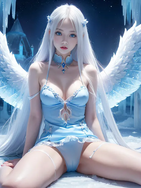 (a beautiful female angel)、(Russian)、(have long white hair:1.2)、(with wings)、(blue eyess:1.2)、(with spreading legs:1.2)、(short dress made of blue ice)、(Showing white panties)、(in the ice castle)、(Night)、(Aurora)、(At SFW:1.1)