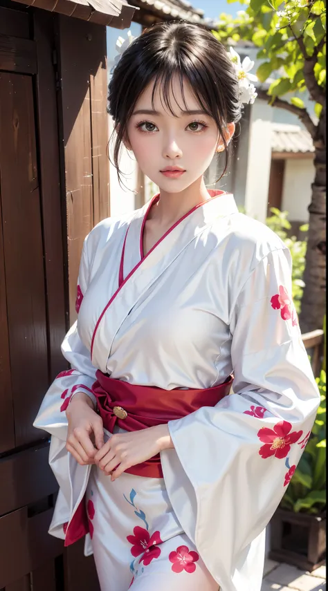 An arafi Asian woman wearing a kimono standing in front of the door, white hanfu, wearing white silk robe, wearing silver silk robe, classy yukata clothing, bath robe, Wearing kimono, pale and coloured kimono, in a kimono, Kimono, wearing simple robes, Cla...