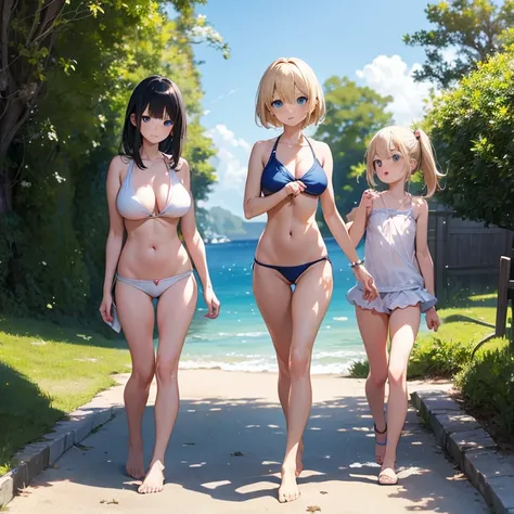 2D Anime Style、Blue eyes、Adults、Breasts slightly larger、a cool、Blonde Shorthair、Beautuful Women、I took off my swimsuit、full body Esbian、Beach、Walking、There is only one person in the illustration