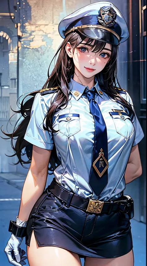 (((perfect anatomy, super detailed skin))), 1 girl, japanese, police girl, shiny skin, large breasts:0.5, looking away, looking up, watching the view, 
beautiful hair, beautiful face, beautiful detailed eyes, (long hair:1.5, straight hair:1.7), blown hair,...