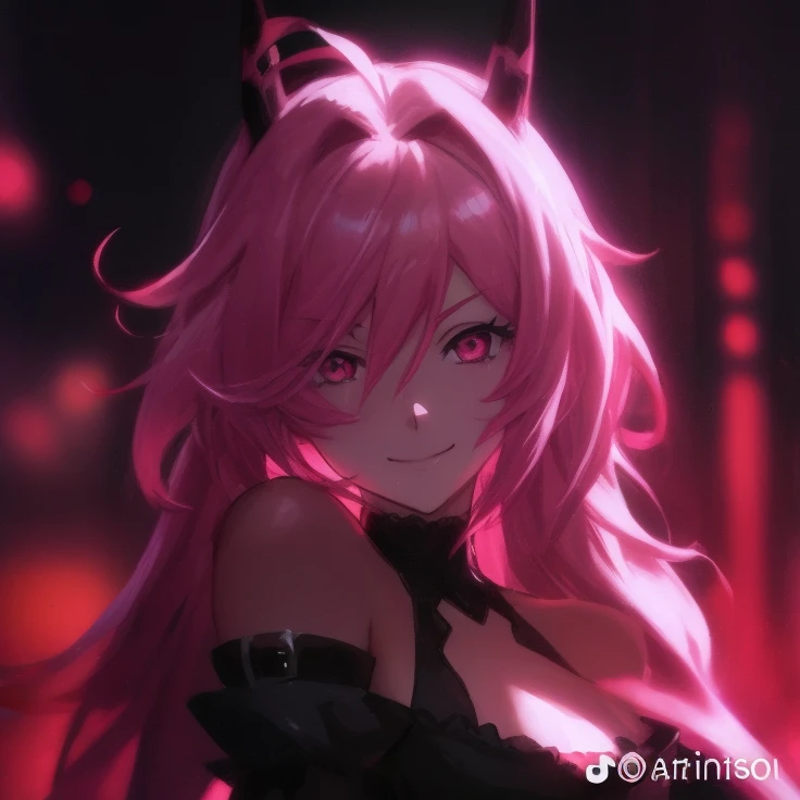 anime, a girl with pink hair and a black dress is smiling, menina anime demon, [[[[sorrindo malvado]]]], gato anime bonito, trending on artstation pixiv, visuais de anime, 8K Artgerm Bokeh, de arknights, rosto rosa brilhante, arte de anime digital detalhad...