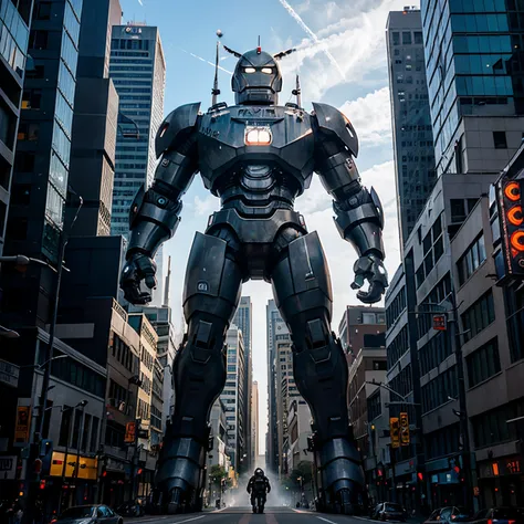 Iron giant, fighting Mechagodzilla in the city