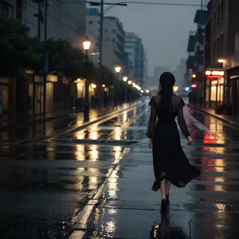 A sad beauty，Delicate facial features，Outstanding temperament，Dressed in a black dress，Walking alone on the street in the rain。Her back looks lonely and lonely，Rain fell from her hair，Wet her clothes。The surrounding buildings and street lights appear blurr...