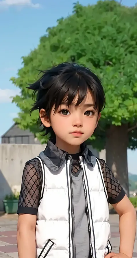 Real life adaption of this character , The handsome face of a little boy, realistic same hair , (realistic same outfit), realistic background , realistic light, realistic shadow, realism, hyper realistic,(photorealistic:1.2), normal small eyes, brown skin