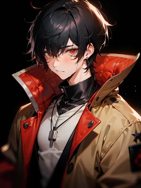 1 teen boy, scruffy black hair with hints of red, bangs, red eyes, perfect eyes, highly detailed eyes, dark background, long earrings, loose jacket high collar, muscles, looking at viewer, no hands, highly detailed, necklace, tears, facing front, cold and ...