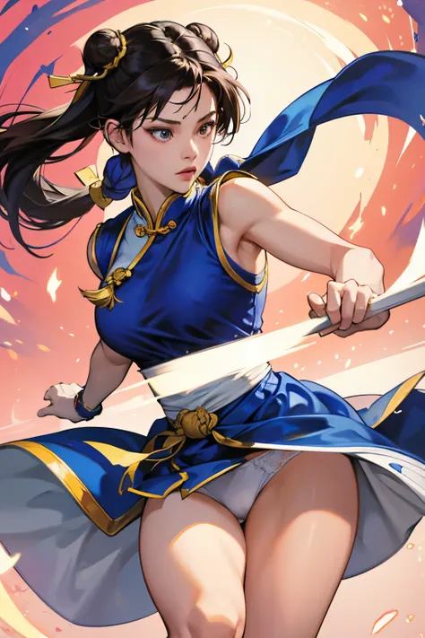 chun-li from street fighters series , white panty , fight in the streets , dragon background , perfect eyes ,