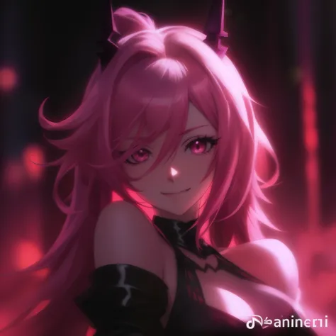 anime, a girl with pink hair and a black dress is smiling, menina anime demon, [[[[sorrindo malvado]]]], gato anime bonito, trending on artstation pixiv, visuais de anime, 8K Artgerm Bokeh, de arknights, rosto rosa brilhante, arte de anime digital detalhad...