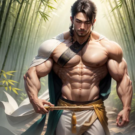 The Bamboo Flute Immortal, a muscular and handsome man in white clothes in the bamboo forest, plays the bamboo flute