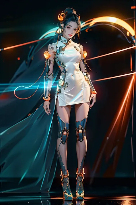 1 rapariga， chinese_clothes， liquid white and orange， Cyberhanfu， on cheongsam， Cyberpunk-city， dynamicposes， Details illuminated headphones， luminous hair ornaments， long whitr hair， Luminous earrings，Glowing necklace，cyber punk perssonage， a high-tech ci...