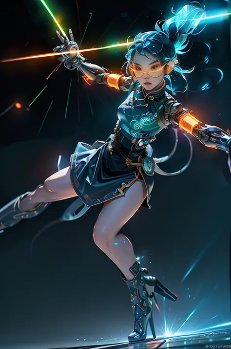 jinxlol, Game character design，3D character rendering，(((pixar-style)))，League of Legends Jinx，((1girl，Blue double ponytail，Red eyes，big laughter，future warrior，Cyberhanfu， on cheongsam，Decorated with luminous lines and rivets，With streamer effect or LED l...