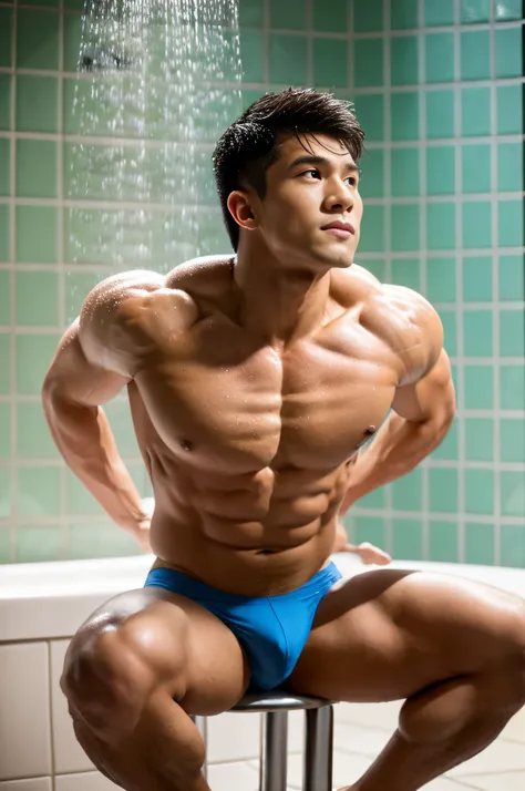 Masterpiece, Best Quality, Solo, Asian Man, bodybuilder, Muscular body, big muscle, Natural eyes, Short and delicate hair, Sexy Man, looking up at viewer, underwear, shower booth, Large protrusions, Erection, legs open, Muscular posture, sensual