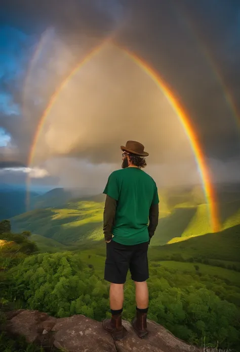 ButterflyEffect capturing a mesmerizing shot of a rare double rainbow over a lush green valley,original,ButterflyEffect has long hair and wire rim glasses. He has a hook nose and bright green eyes.