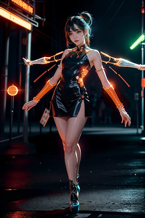 1 rapariga， chinese_clothes， liquid white and orange， Cyberhanfu， on cheongsam， Cyberpunk city setting，dynamicposes， Details illuminated headphones， luminous hair ornaments， ((Blue double ponytail))， Luminous earrings，Glowing necklace，cyber punk perssonage...