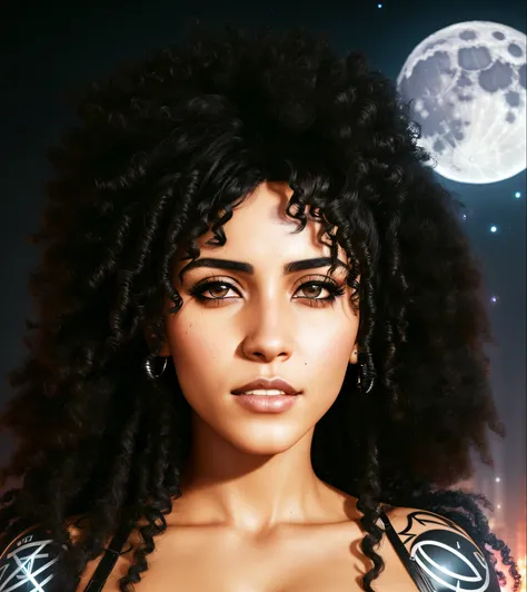 Subject: A woman standing in front of the moon
Appearance Features:
Black, curly hair
Big butt
mixed race
Muscular legs
Piercings on her face
Haunted eyes
Art Style and Quality:
Cinematic and realistic portrait
Cyberpunk style
Hyperrealistic
Technical Spec...