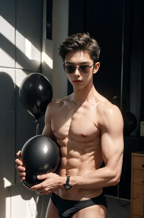 14-year-old boy, wearing black speedos, shirtless, abs, thin body, hugging big black balloons, popping big black balloons, handsome, youthful, boyish, cute, black military sunglasses, photography, realistic, indoor soft lighting