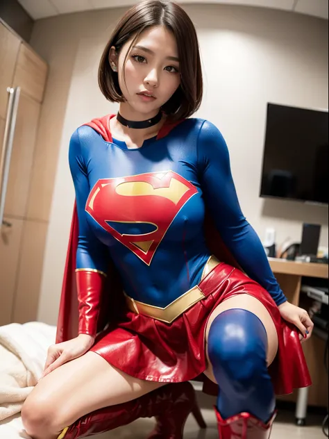 ​masterpiece,Short-haired supergirl spreading her thighs on a hospital operating table、large full breasts、Looking at the camera、Glossy enamel costume、Glossy red enamel long boots、shiny red enamel skirt、a choker、Glimpse、Fluttering cloak、seduces、sexypose、sha...