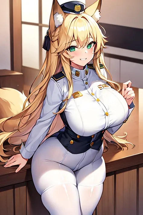 1girl, large breasts, thick thighs, wide hips, blonde hair, long hair, fox ears, green eyes, fox tail, police, police hat, policewoman, white uniform, white clothes, pantyhose, smile, smirk, smug, black pantyhose