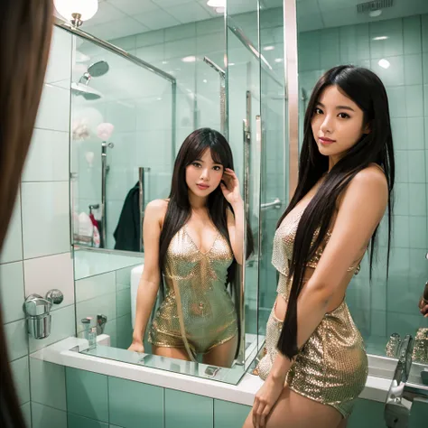 Asian woman in sexy bathroom with realistic clothes