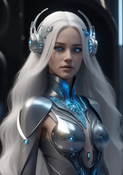 um close de uma mulher em um terno prateado com fones de ouvido, Ciborgue - Menina com cabelo prateado, cyborg menina branca bonita, bela sacerdotisa ciborgue, em armadura futurista branca, usando armadura futurista, Deusa ciborgue no cosmos, coberto com a...