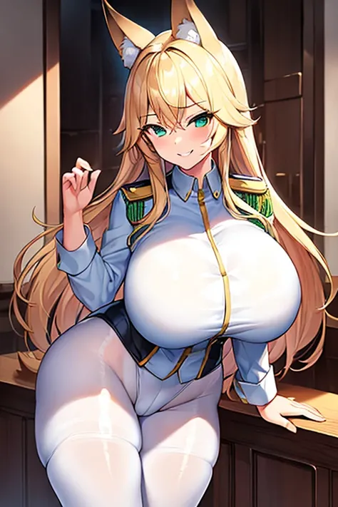 1girl, huge breasts, thick thighs, wide hips, blonde hair, long hair, fox ears, green eyes, fox tail, police, police hat, policewoman, white uniform, white clothes, pantyhose, smile, smirk, smug, black pantyhose, leotard